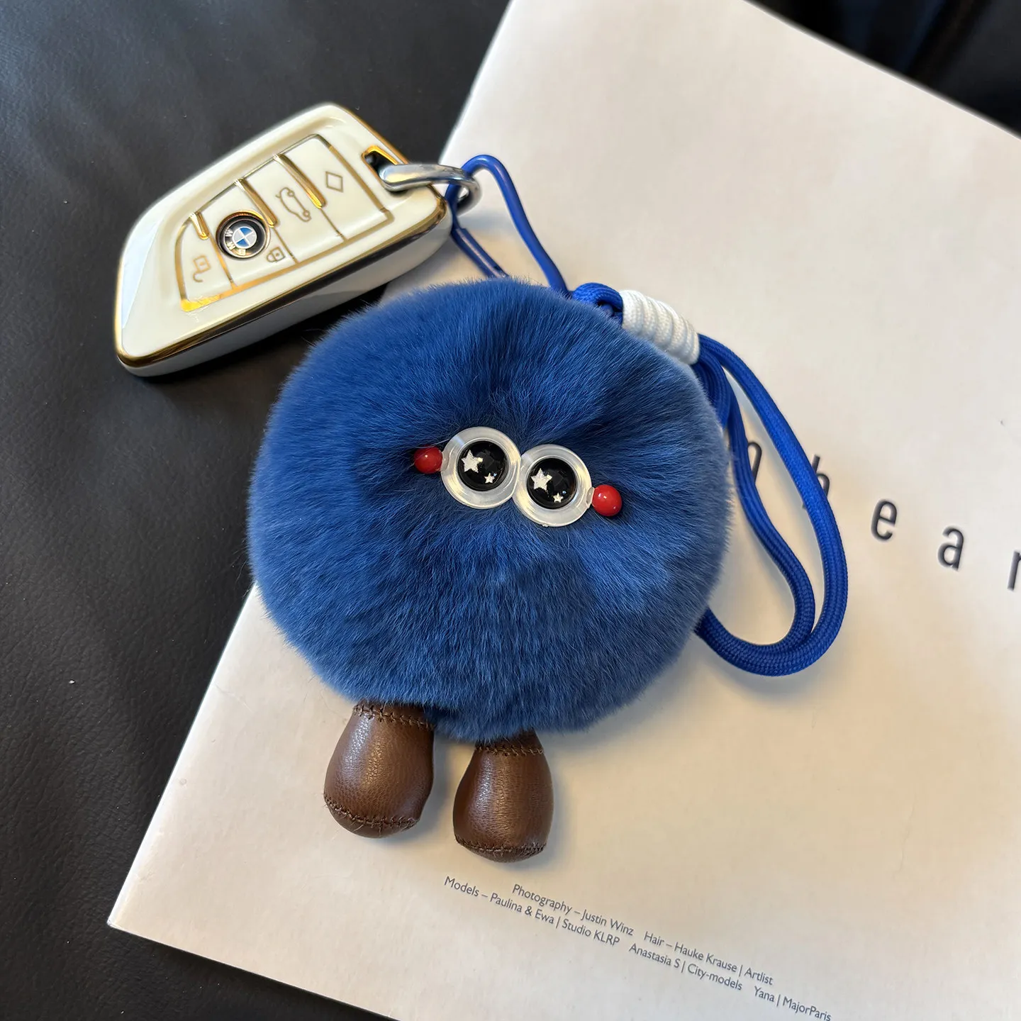 Real Otter Rabbit Fur Cute Little Blueberry Car Keychain Plush Doll Bag Charm Couple INS Trendy