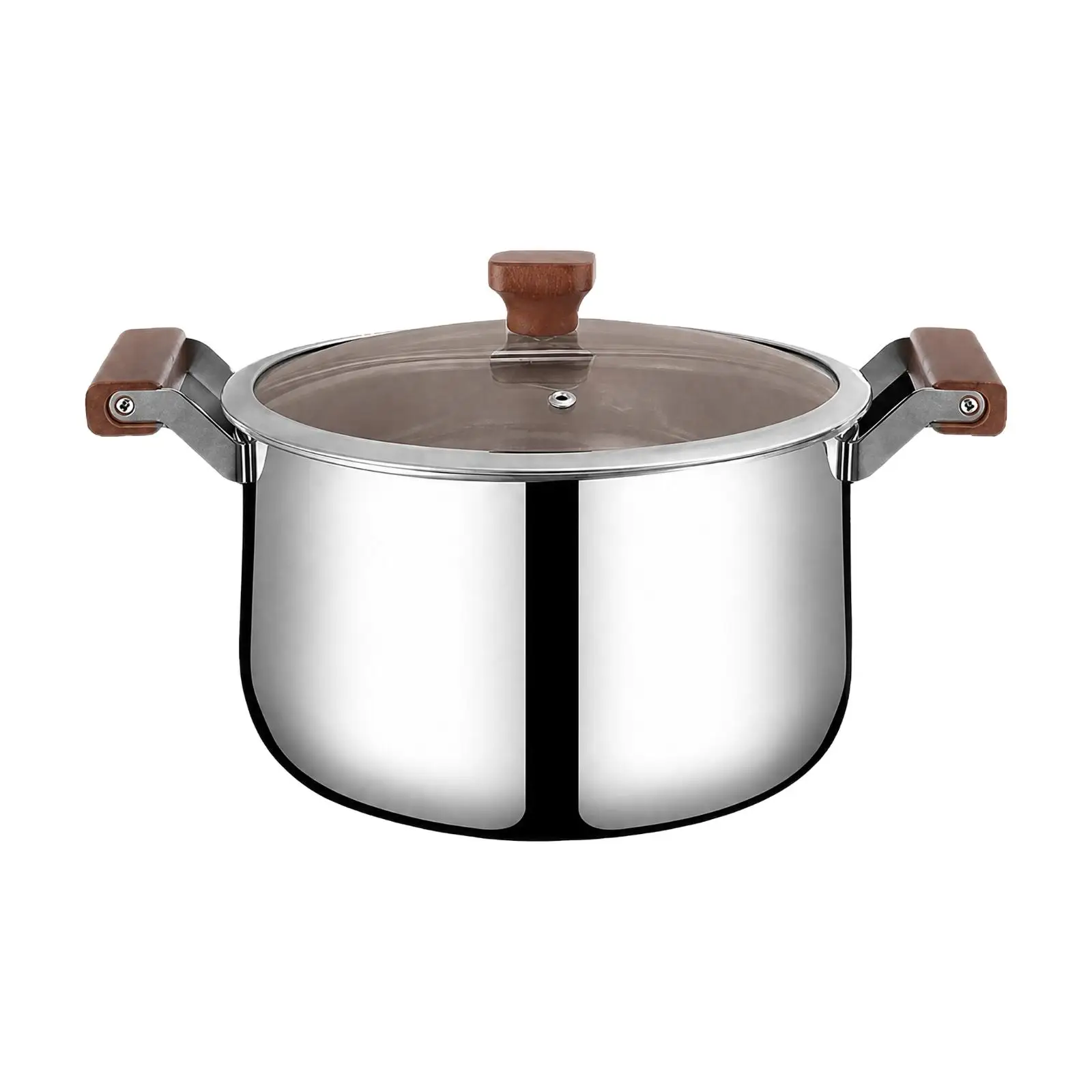 Stainless Cooking Steamer 3 Ply Soup Pot with Glass Lid Wooden Handles for Home Kitchen Simmering