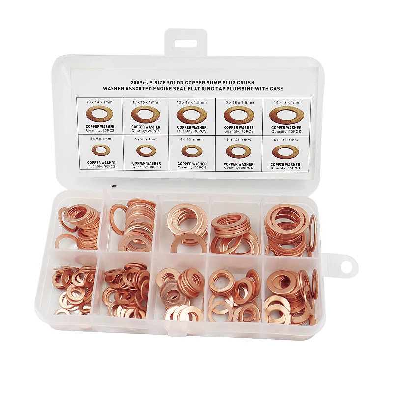 200pcs Copper Washer Gasket Nut & Bolt Set O-ring Copper Gasket Flat Ring Sealing Kit (M5/M6/M8/M10/M12/M14)