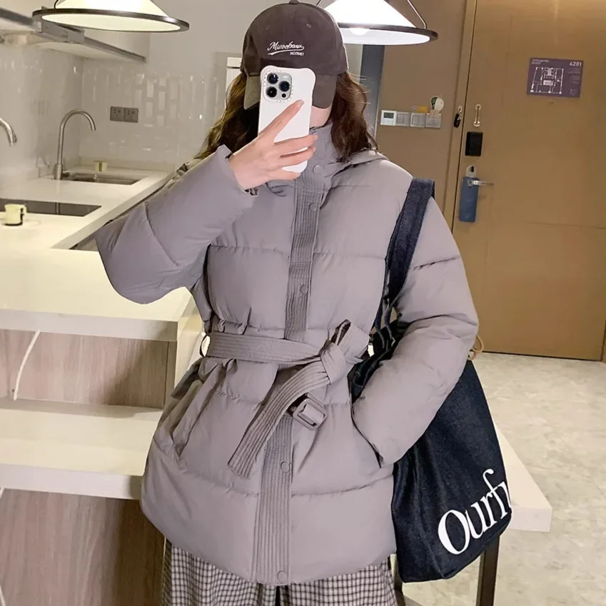 

Down and Cotton Jacket 2026 Autumn and Winter New Mid To Long Style Hooded Lace Up Thick Warm Bread Jacket for Women