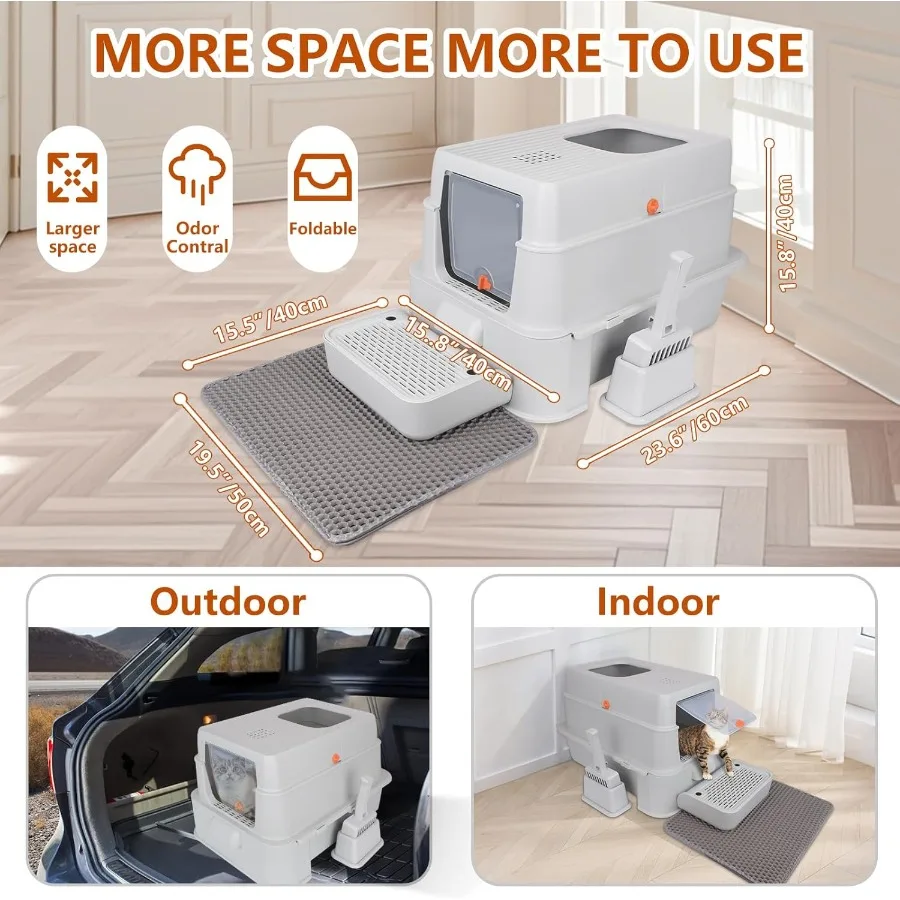 OdorControl كبير جدًا 24 لتر × 16 وات تصميم درج من الفولاذ المقاوم للصدأ صندوق نفايات القطط XL كبير 4 في 1 مجموعة صناديق نفايات معدنية للقطط للمنزل
