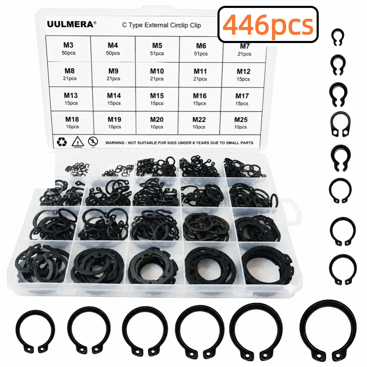 301/394/446Pcs M3-M25 Black Alloy Steel C Clip External Circlip Set Snap Ring Retaining Ring for Shaft Bearing Hardware