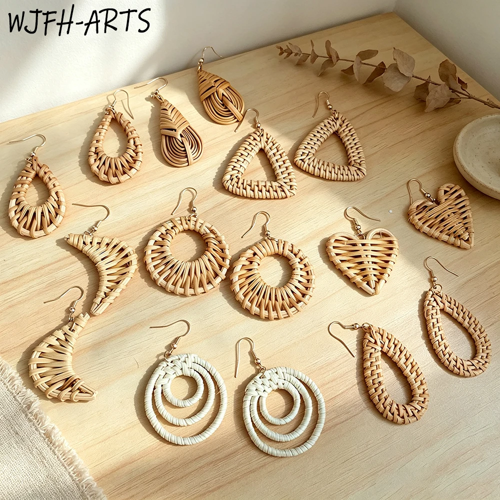 WJFH-ARTS Hand Woven Hollow Water-Drop Moon Heart Geometry Rattan Weave Earring Lady Fun Trend Beach Vacation Style Eardrop Gift