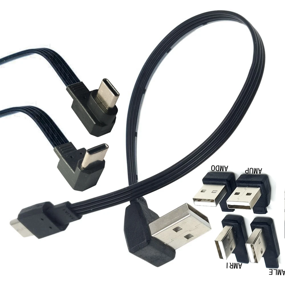 0,5 M USB-C Typ C Männlich BIS Unten Links Rechts Abgewinkelt 90 ° zu USB 2,0 Männlichen Daten Kabel USB typ-c Flache Kabel 0,2m