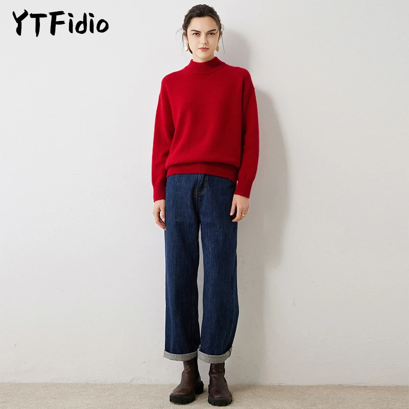 YTFidio 100% Cashmere Women Winter Half high collar Soft Warm Solid Knitwear Turtleneck Pullover Female Tops 13