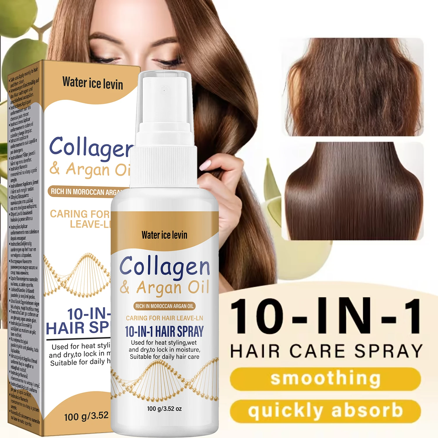 Water Ice Levin Lightweight Leave-In Hair Spray Natural Plant & Nutrient Complex Nourish Wet Dry Hair Before Heat Styling 100g