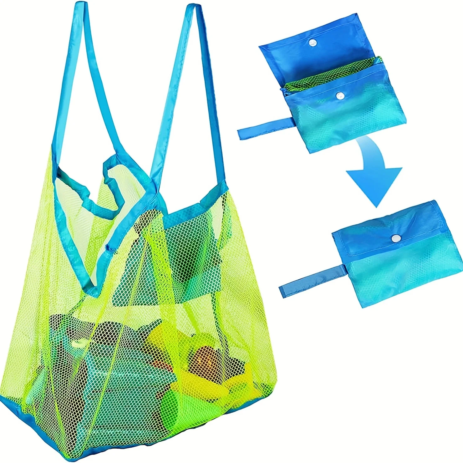 Youngsters' Large Mesh Beach Toy Bag with Blue and Green Side Pockets - Durable Seashell Collecting Tote for Sand Toys, Swimming