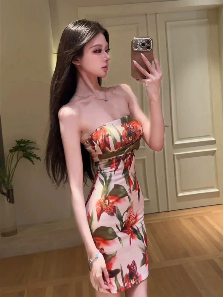 

XZY Sexy Pure Desire Sleeveless Floral Print Bustier Dress Women's plus Size Slimming Short Skirt High Waist Daily Wear Polye...