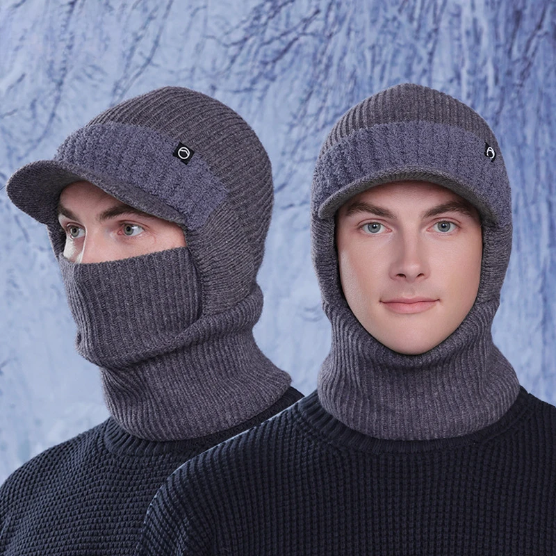 Winter Men Riding Visors Plus Velvet Peaked Sleeve Cap Windproof Ear Protection Woolen Knitted Mask Neck One Hat Set