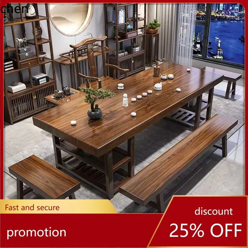 

ZML Solid Wood Large Board Tea Table and Chair Set Flat Style Tea Table Integrated Complete Tea Table Set