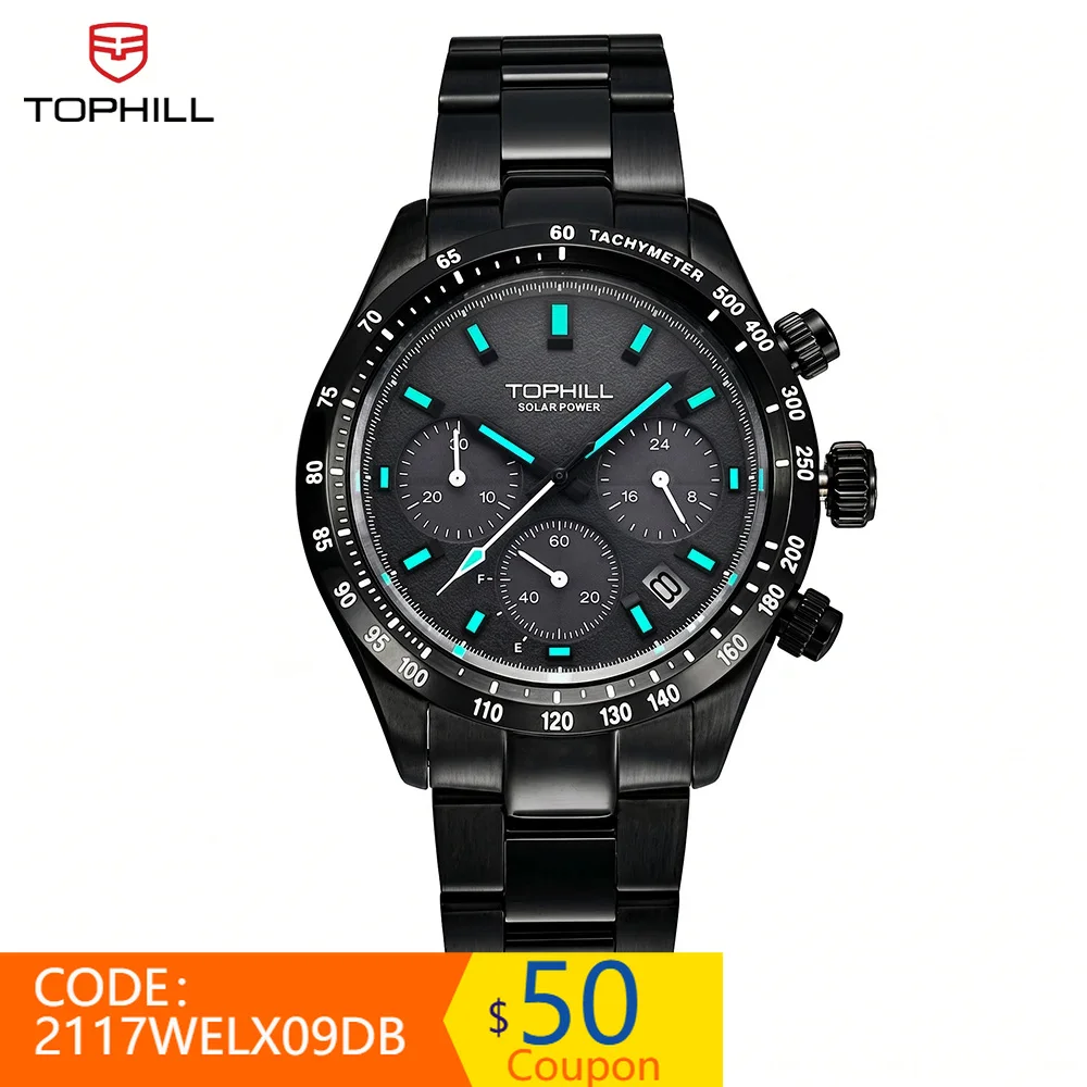 Reloj TOPHILL Solar Chronograph VR42B con Movimiento de Cuarzo para Hombre, Esfera Luminosa C3 con Acabado Sandblasted, Indicador de Batería, Resistente al Agua 50M