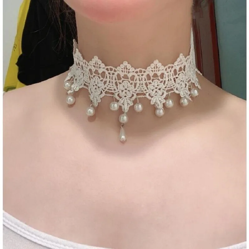 

Vintage White Lace Pearl Pendant Choker Necklace Boho Collar Goth Accessories for Women Fine Jewelry for Bride Wedding Dress