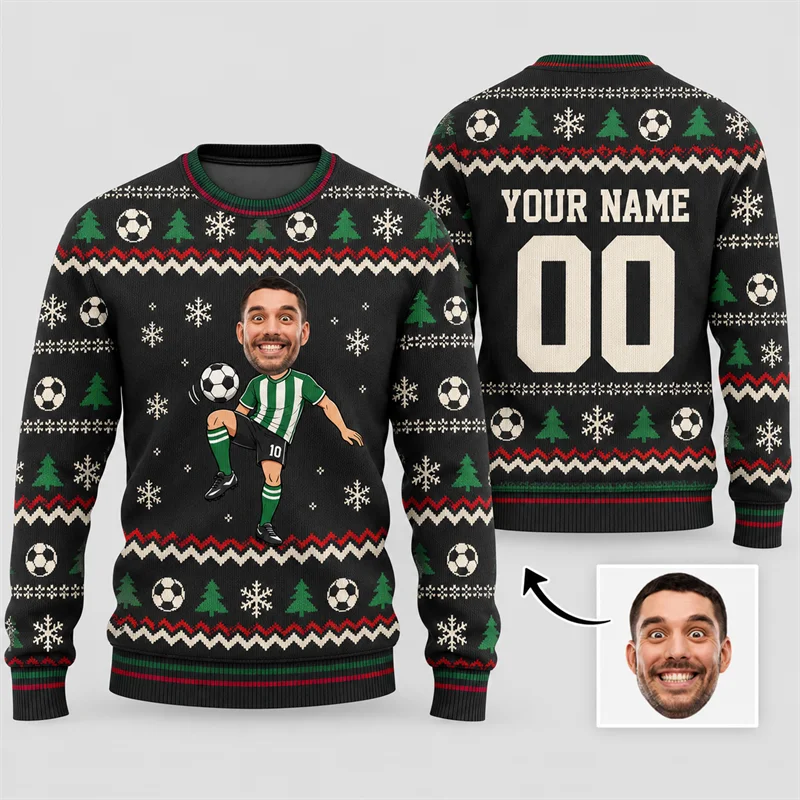 Custom Christmas Soccer Sweater Personalized Photo Name Number Football Ugly Xmas Crewneck Holiday Gift Sports Fan Pullover Top