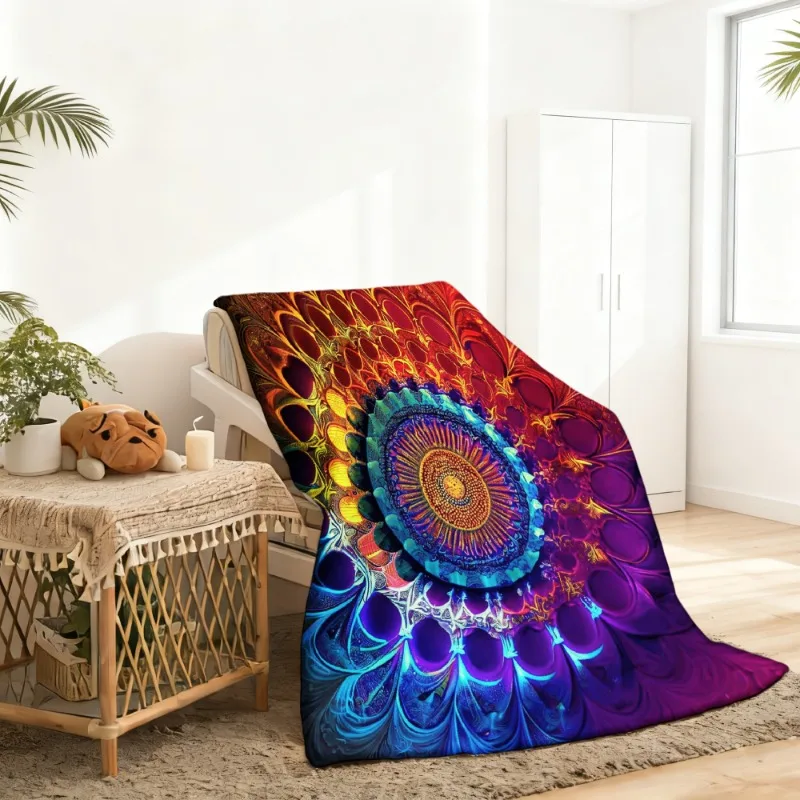 Indian Mandala Flannel Blanket: Bohemian, Psychedelic, and Hippie Style; Lightweight and Practical for Home and Outdoor Use.