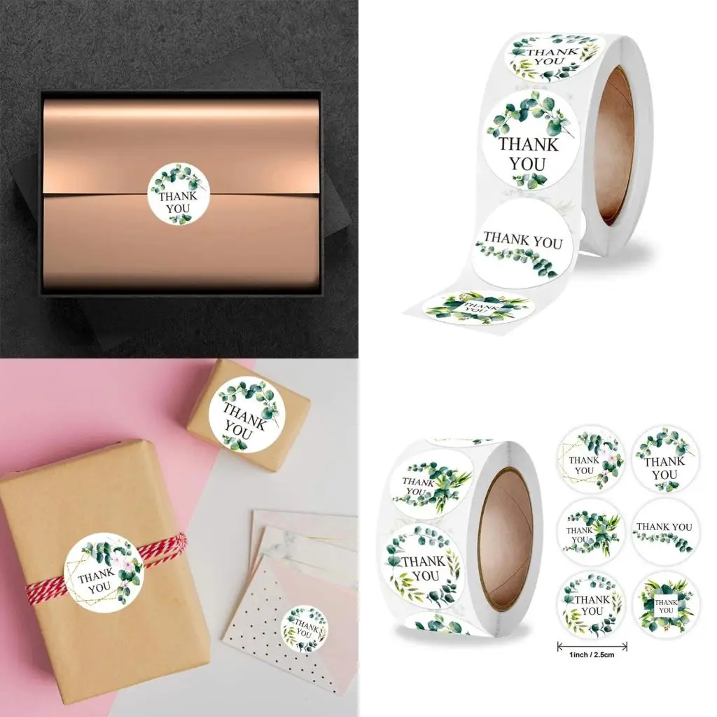 

500Pcs/Roll Green Plants Label Sticker Round Thank You Sealing Sticker Roll for Small Business Wedding Packaging high quality