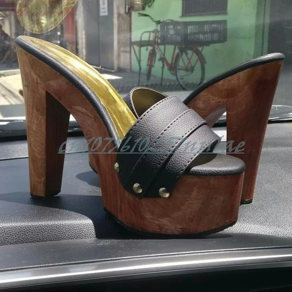 

Black Matte Leather Peep Toe Slippers Elegant Chunky High Heel Side Rivets Fashion Women Shoes 2025 Summer New Para Mujere
