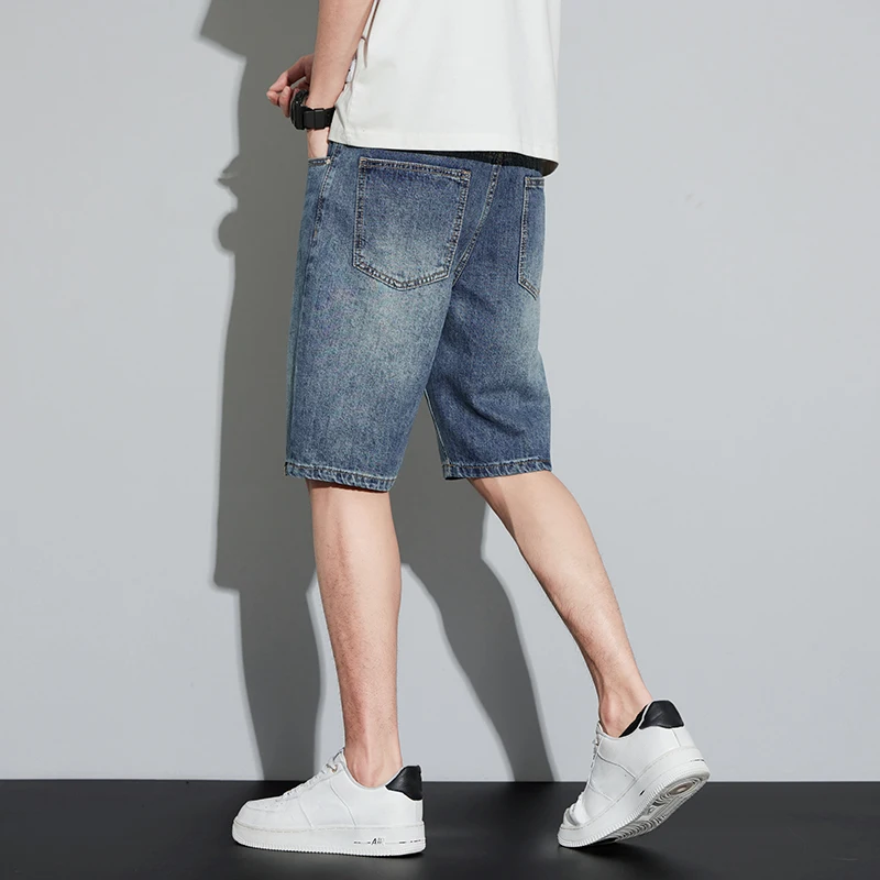 2024 Summer Thin Men\'s Retro Streetwear Denim Shorts Fashionable and Versatile Straight Leg Slim Fit Blue Denim Shorts Male