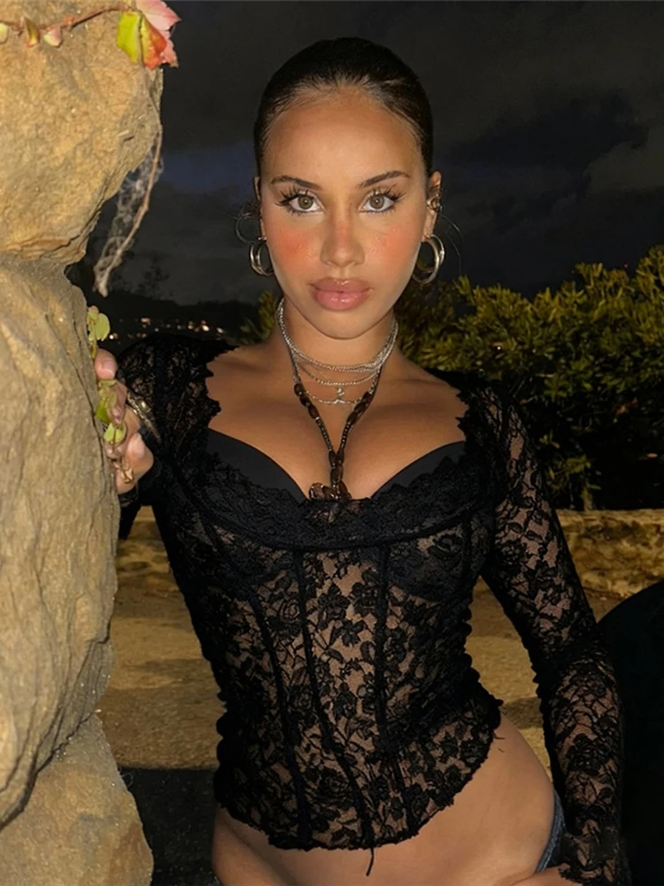 

Nibber, популярные футболки для девочек, женские кружевные лоскутные футболки с U-образным воротником и длинными рукавами, узкие пупки, открытые уличные сексуальные модные классические топы