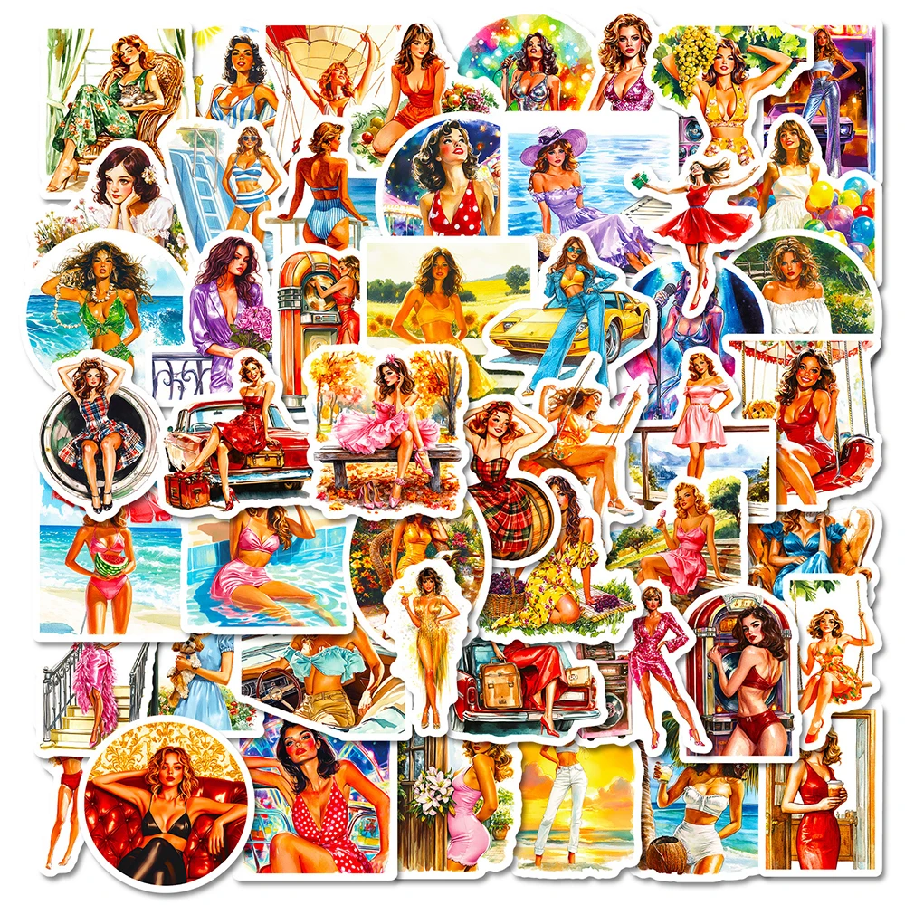 10/30/50pcs Vintage Summer Sexy Girl Stickers Retro Pin Up Girls Adult Sticker Motorcycle Luggage Laptop Phone Decals Decoration