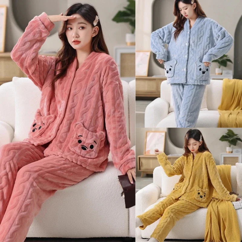 

Winter Thickened Warm Women Pajamas Coral Velvet Long Sleeve Trousers Cartoon Bear Striped Flannel Ladies Homewear Two-Piece Set