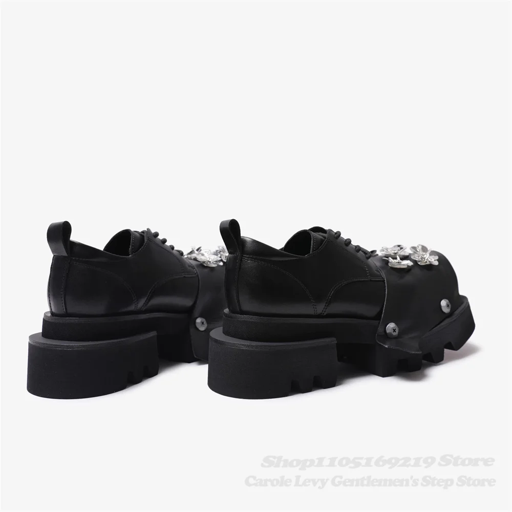 Metal Flower Thick Bottom Square Toe Men Shoes Punk Height Increasing Workwear Shoes Black Lace Up Motorcycle Leather Shoes
