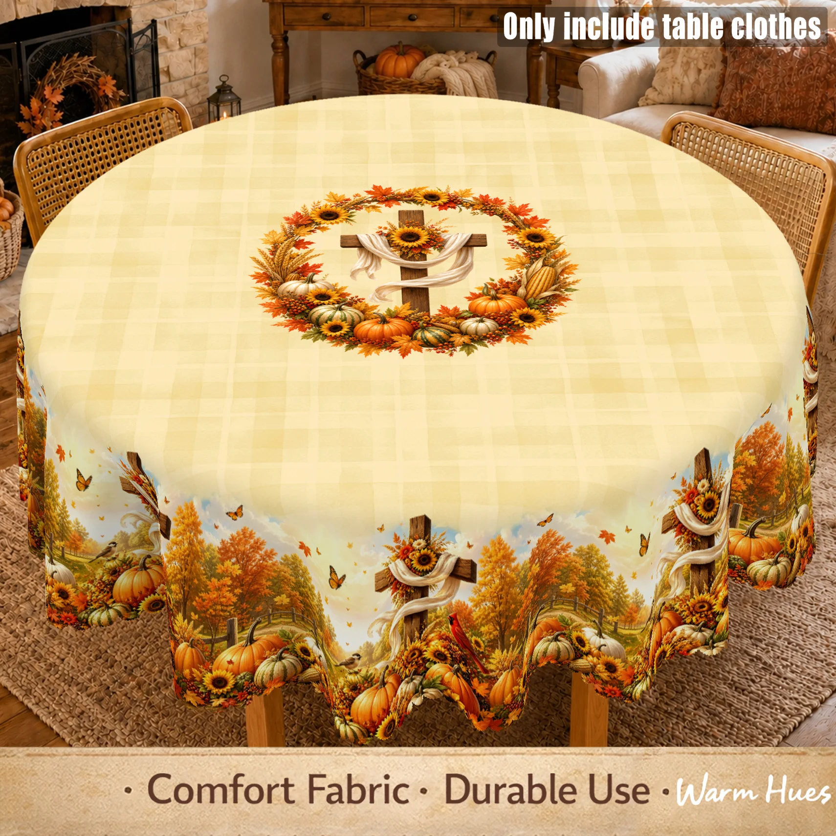 One piece, light yellow autumn harvest tablecloth, featuring buffalo stripe pattern combined with wooden cross, sunflowers.xzj