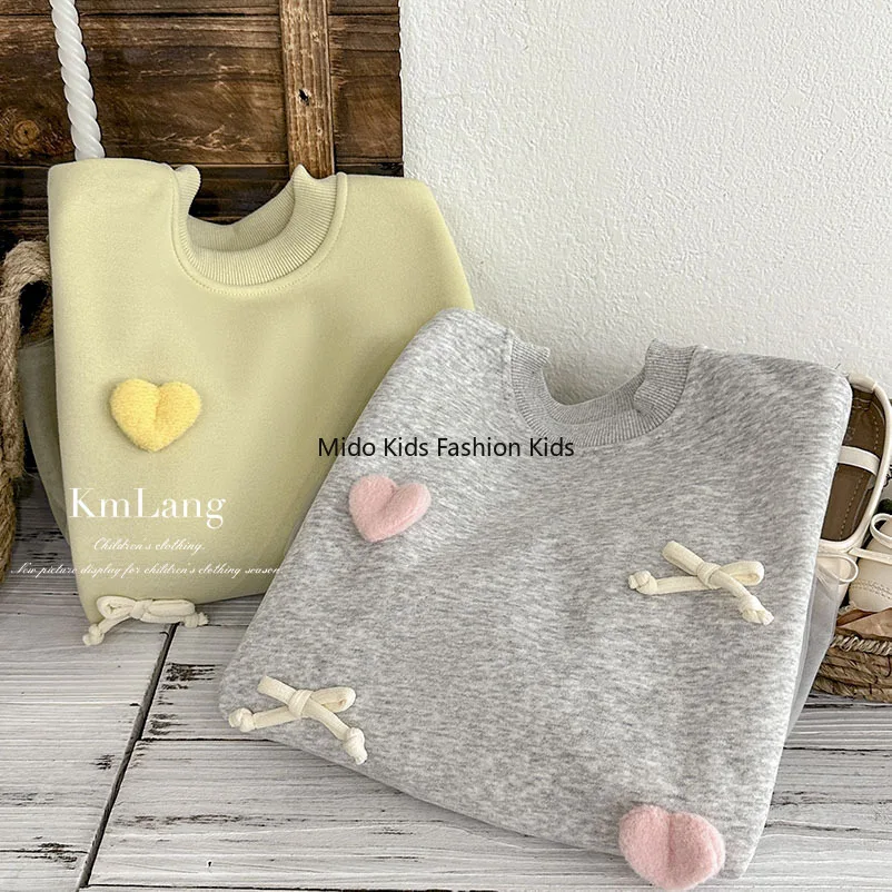 Girls' Fleece-Lined Top 2025 Style Korean-inspired Sweet Little Heart Mesh Fashionable Baby Girl Stylish Warm Sweatshirt