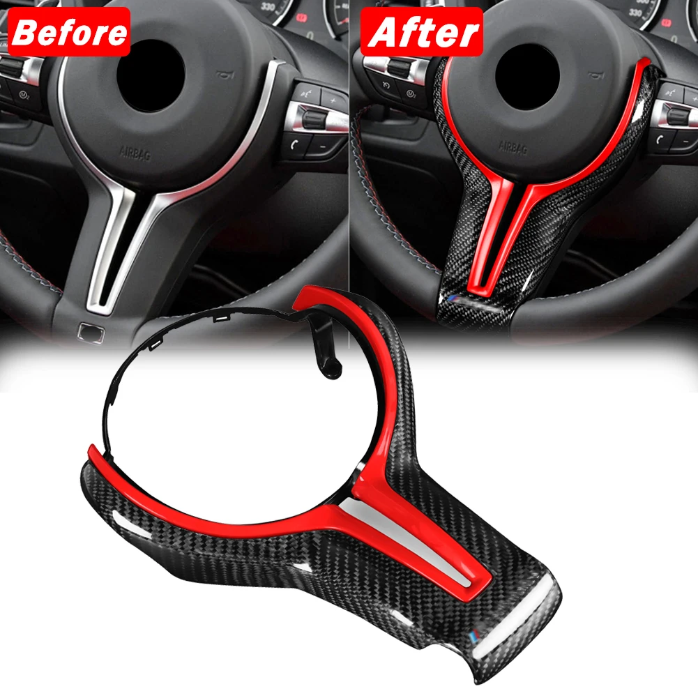 Carbon Fiber Steering Wheel Cover+Red Inner Trim for BMW M2 M3 M4 M5 M6 X5M X6M