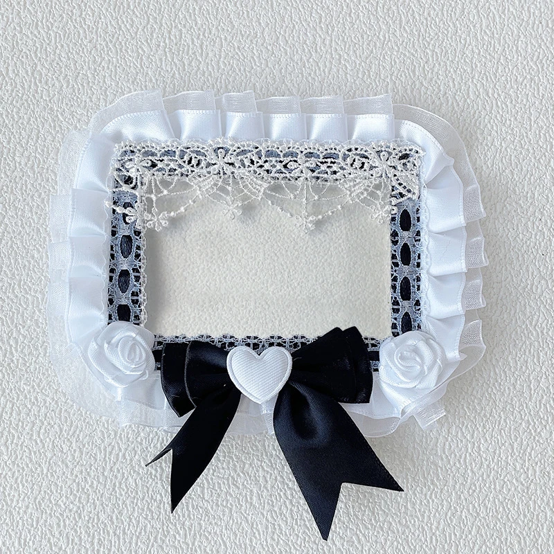 Handmade 3‑inch photocard holder, multi‑color, layered lace ruffle, satin big bow, heart ornament, fabric rose decor, sweet Lolita style, for polaroid, idol collectible & anime cards view 4