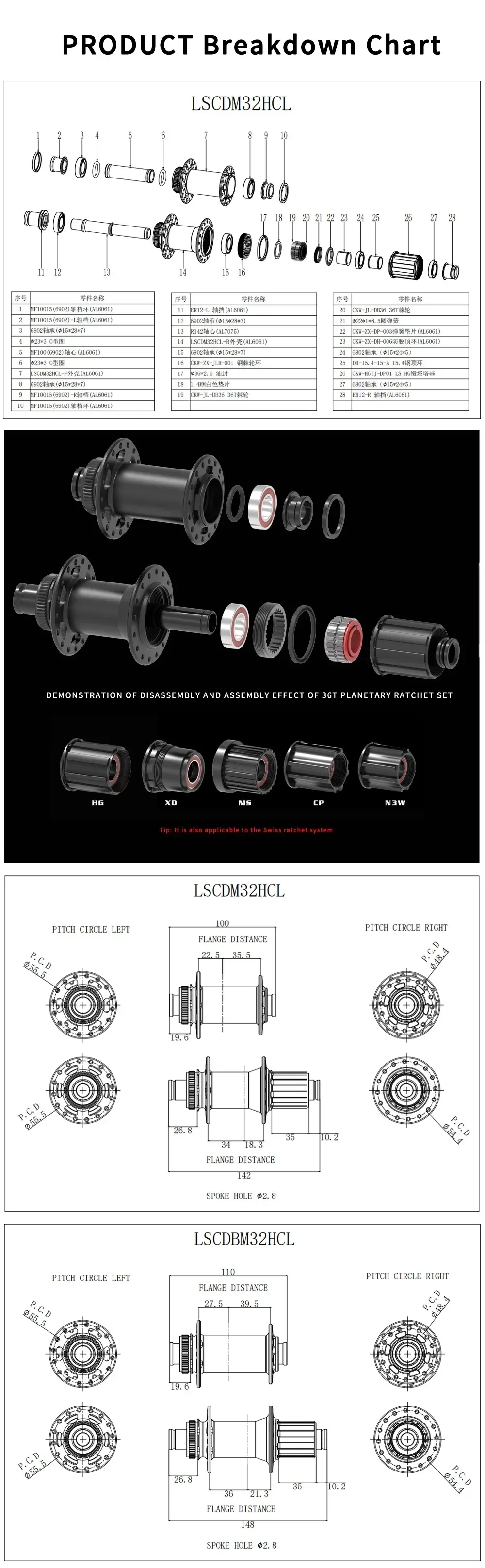 GOLDIX 32-Loch Mountainbike-Nabe, gedichtete Lager, Center-Lock Scheibenbremse, Ratchet 36T, J-Bend, 32-Loch BOOST MTB-Nabe für HG MS XD – Detail 6