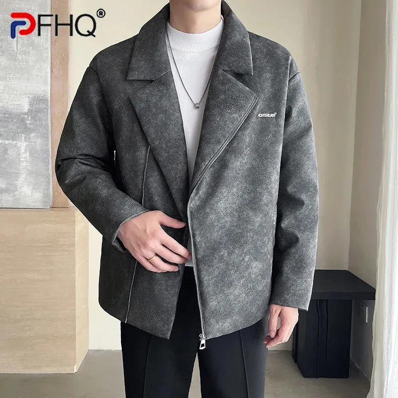 PFHQ Winter Tie Dyeing PU Leather Collar Men Cotton Jacket 2024 Long Sleeve Zipper Solid Color Male Tops Fashion 21Z7012