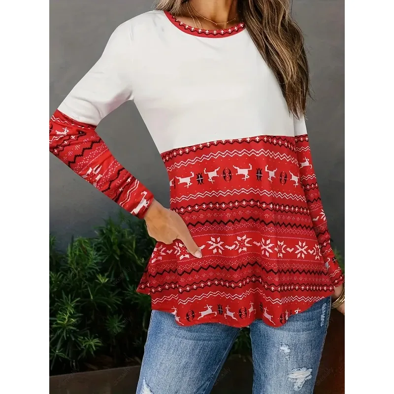 Damska koszulka plus size z długim rękawem, świąteczny wzór z reniferem, płatkiem śniegu i falistym geometrycznym wzorem, modna koszulka damska na jesień.