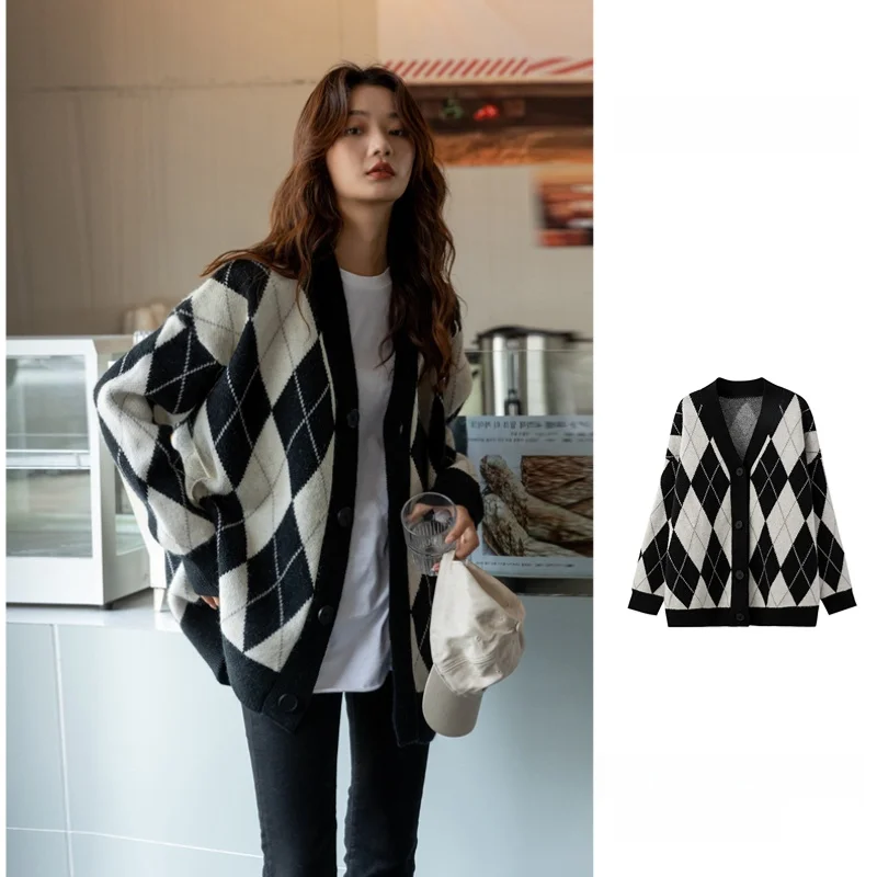 Women's Diamond Pattern Knitted Sweater Coat Loose V-Ne Long Sve Spring Autumn New Sle Korean Retro Lazy Top