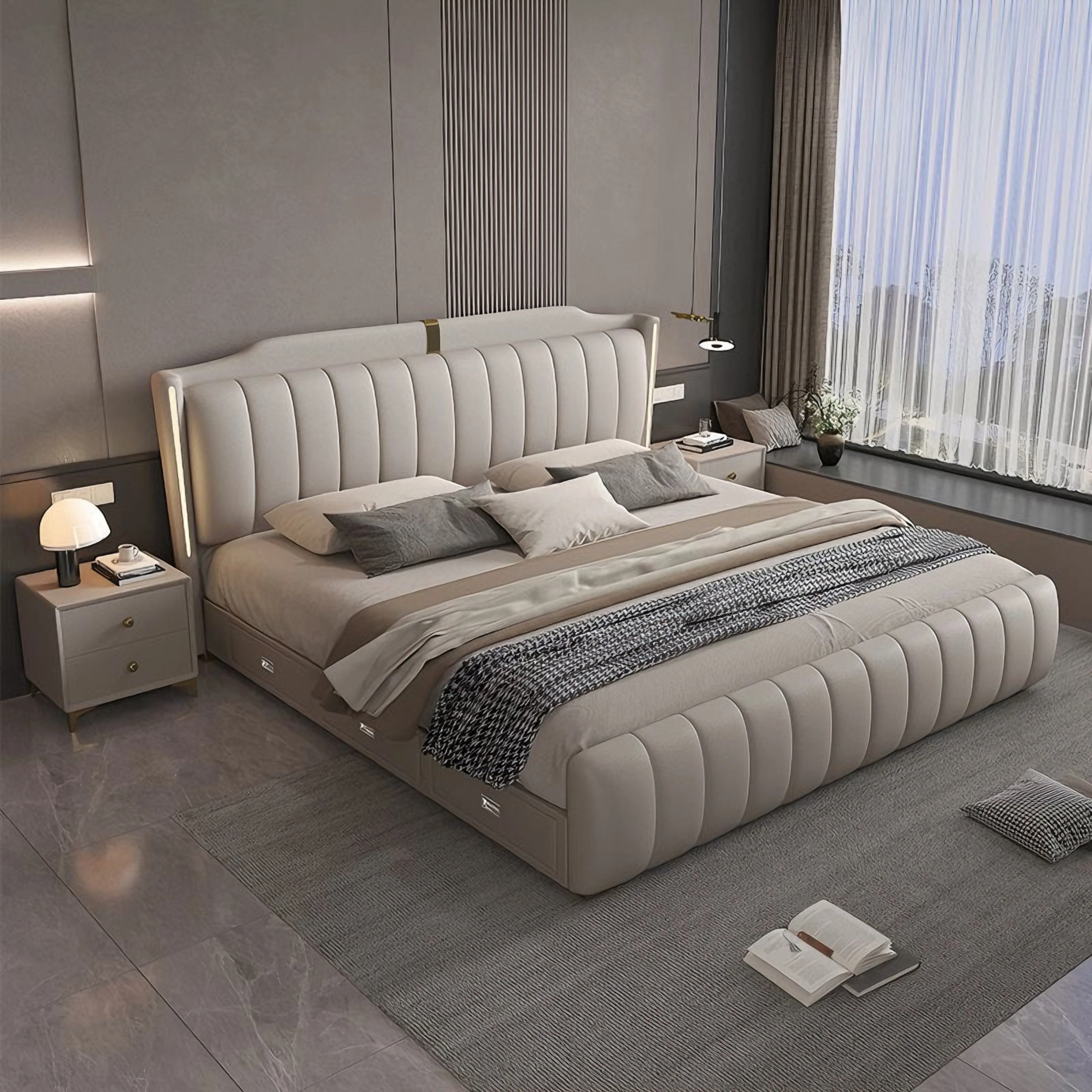 #Italian Modern Design Leather Bed Storage Drawers Box Spring Frame E0 Level 3-Year Warranty Up-Holstered Soft King/Queen Size
