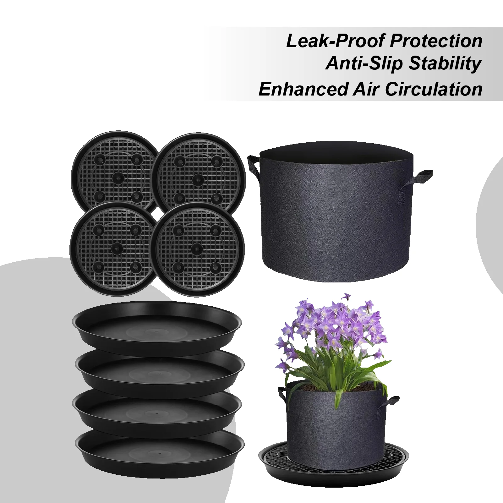 

Leakproof Plant Saucers 4x base + 1x 5 gallon plant bag Balcony Greenhouse Garden Plants Auto Irrigation Drip Free Durable Mat