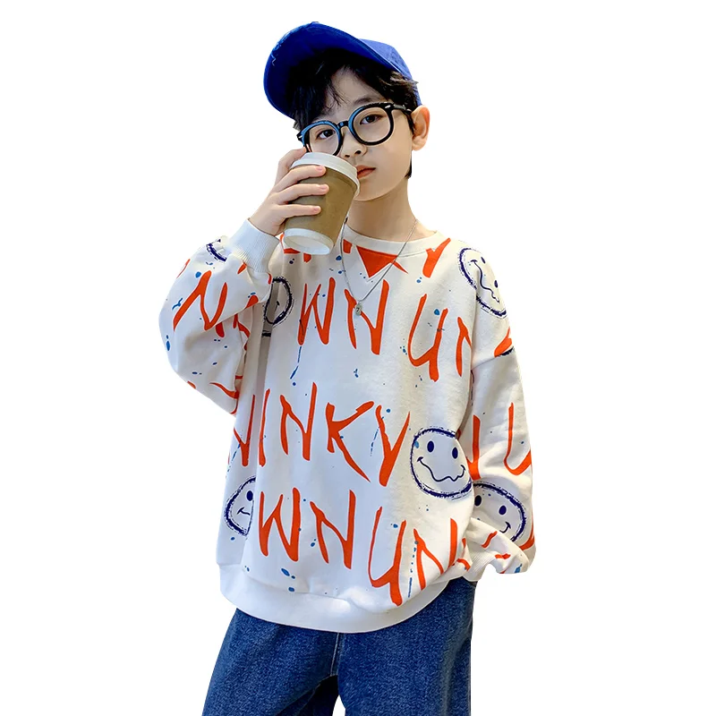 

Big Boys Fashion Sweatshirts Orange Color Letter Print Tee Top Clothes Teenage Spring Costume Kids Sweatshirt From 5 To 14 Years