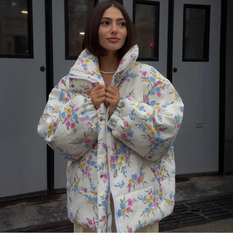 Printed Stand-Up Collar Zipper Padded Coat Women's Fashion Long Sleeve Pocket Loose Padded Jacket Winter New Casual Wear