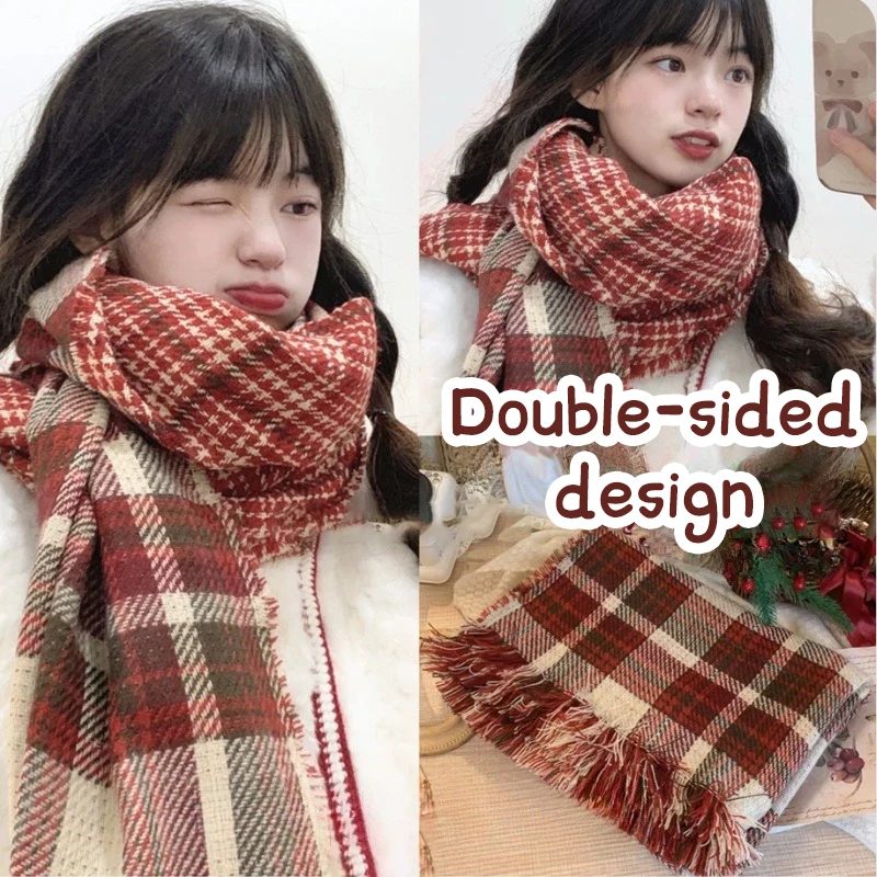 Double Sided Plaid Women Winter Scarf Warm Thicken Shawl Outdoor Fashion Luxury Tassels Lady Wrap Windproof Scarves