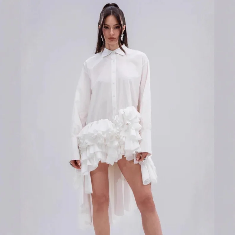 

Ele Asymmetric Front ort Ba Long irt Loose Midi Length irt Wooden Hem Autumn New Sle Ladylike Sle Blouse