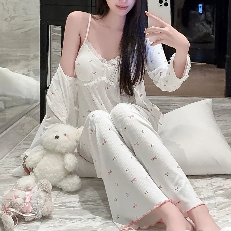 

Новый женский комплект пижам из модала: пижама-тройка с длинным рукавом, кардиганом и брюками для дома и отдыха, весенняя коллекция