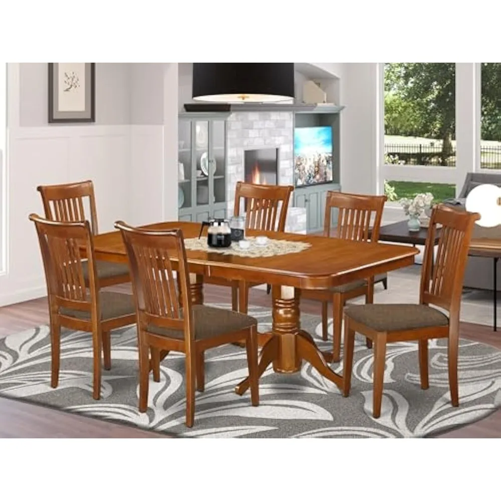 NAPO7-SBR-C 7 Piece Kitchen Table & Chairs Set Consist of a Rectangle Wooden Table with Butterfly Leaf and 6Linen Fabric Dining