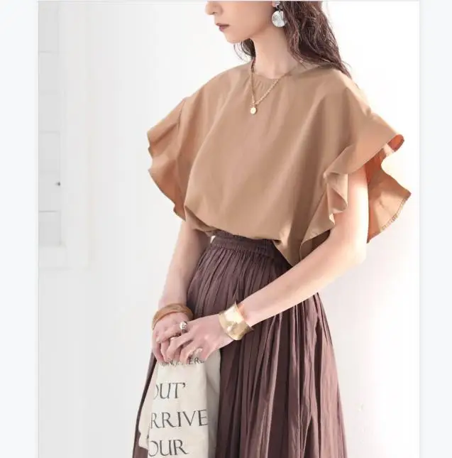 

Loose Casual ort Sve Women's irt Summer Faion Simple Pure Color Versatile Casual Top Sweet Lace Trim Korean Sle