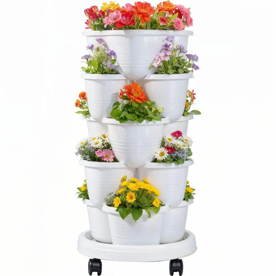 

5 Tier Vertical Garden Planter, Self Watering Stackable Planters with Wheels for Strawberries, Herbs, Flowers, Vegetables, White