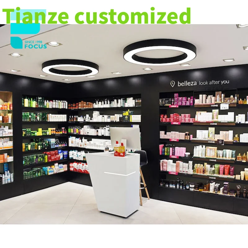 

Customized-Wooden And Glass Gondola Pharmacy Shelves Pharmacy Shop Interior Design