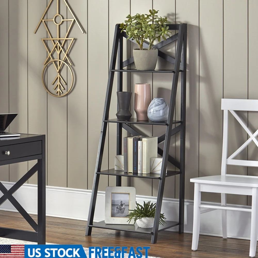 

4-уровневая полка-лестница Книжный шкаф Блок для хранения X-образная спинка Универсальный домашний декор Идеальные книги Требуется сборка декоративных предметов