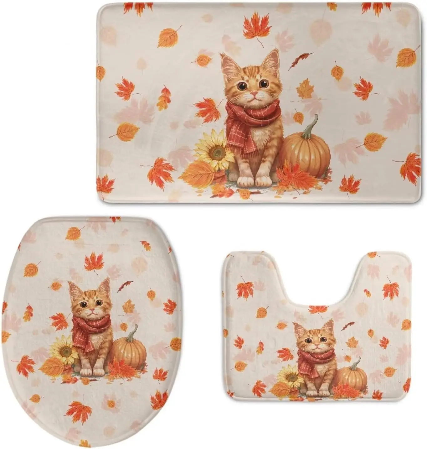 

Осенний туалетный набор для кошек из 3 предметов, принт оранжевых осенних листьев, нескользящий впитывающий моющийся коврик для ванной для декора природы на День Благодарения