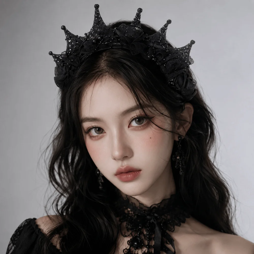 Gothic Women's Black Headdress Dark Style DIY Black Rose Lace Crown Adjustable Elegant Halloween Hair Hoop Birthday Celebration