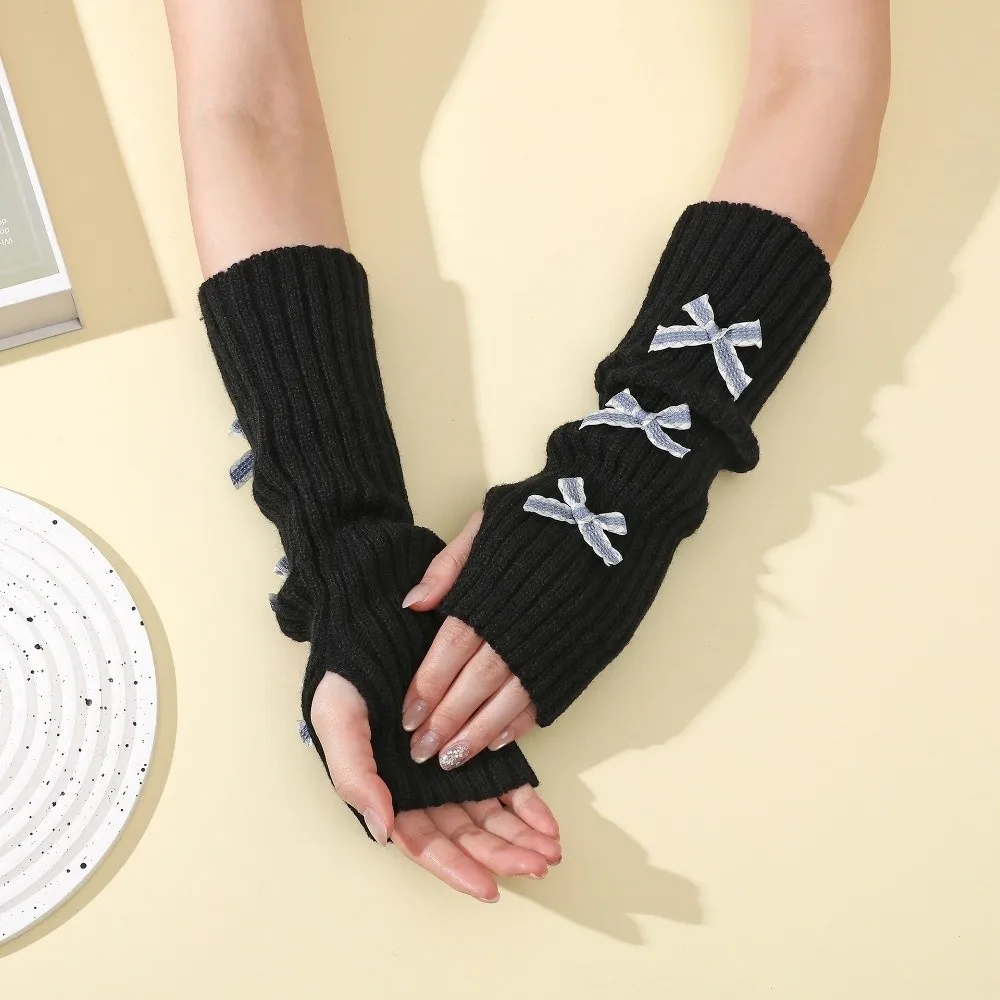 Fashion Thicken Bow Arm Warmers Soft Knitted Long Knit Y2K Fingerless Gloves Bowknot Sweet Sleeve Cover Girl