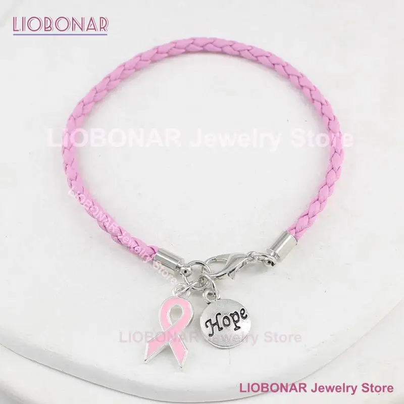 New Arrival Simple Pink PU Braid Leather Bracelets Awareness Jewelry Breast Cancer Bracelet With Pink Heart Ribbon Charm Pulsera