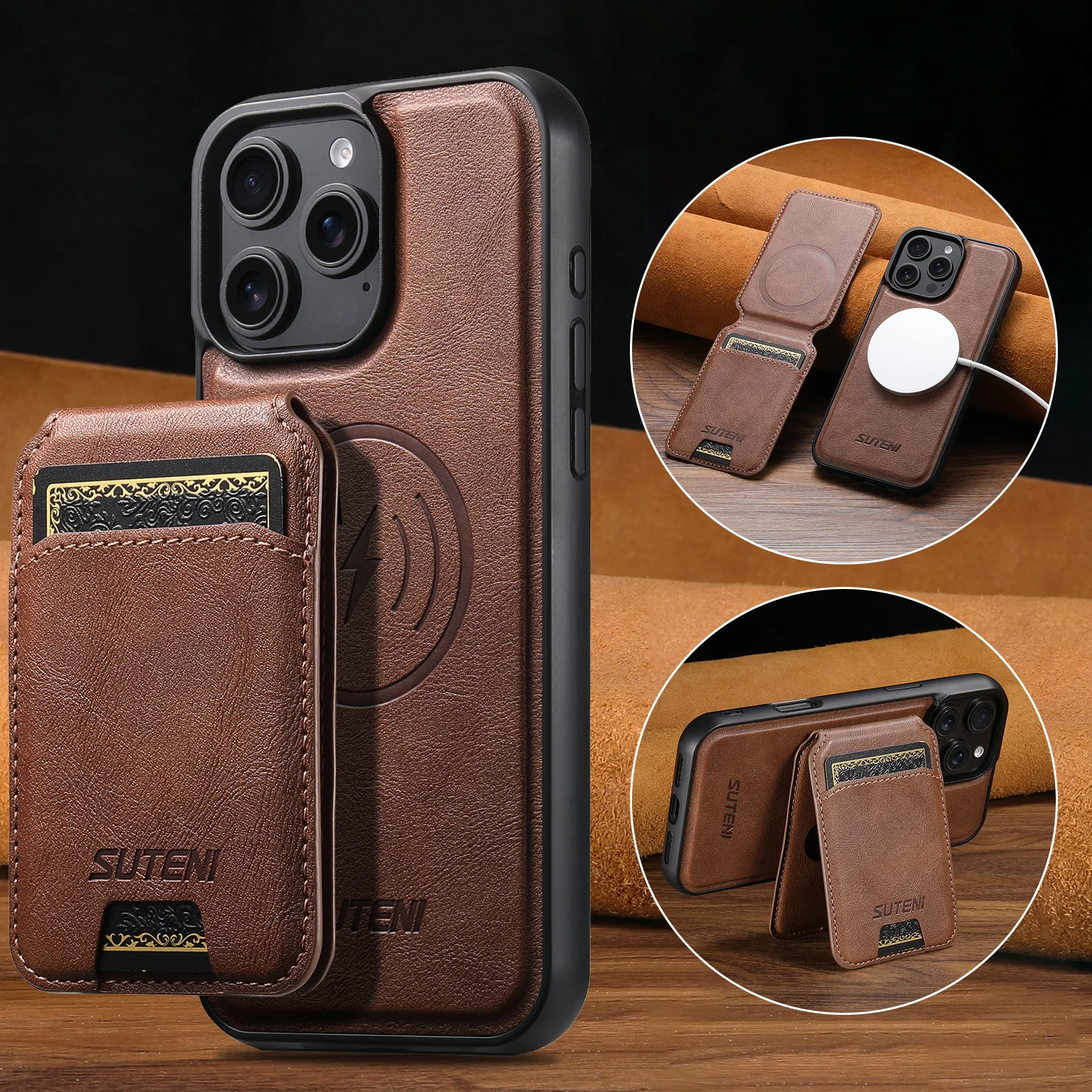 

SUTENI Wireless Charging Magnet PU Leather Phone Case Card Holder Stand For iPhone 17 Pro Max 16 Plus 15 Pro 13 12